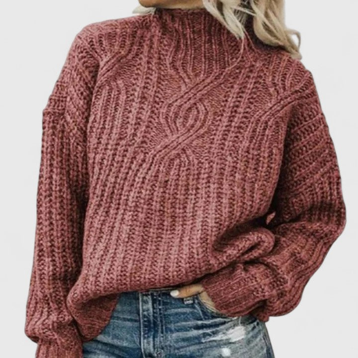 Jersey de Punto Trenzado Cómodo para Mujer con Cuello Alto, Manga Globo y Estilo Oversize Relajado