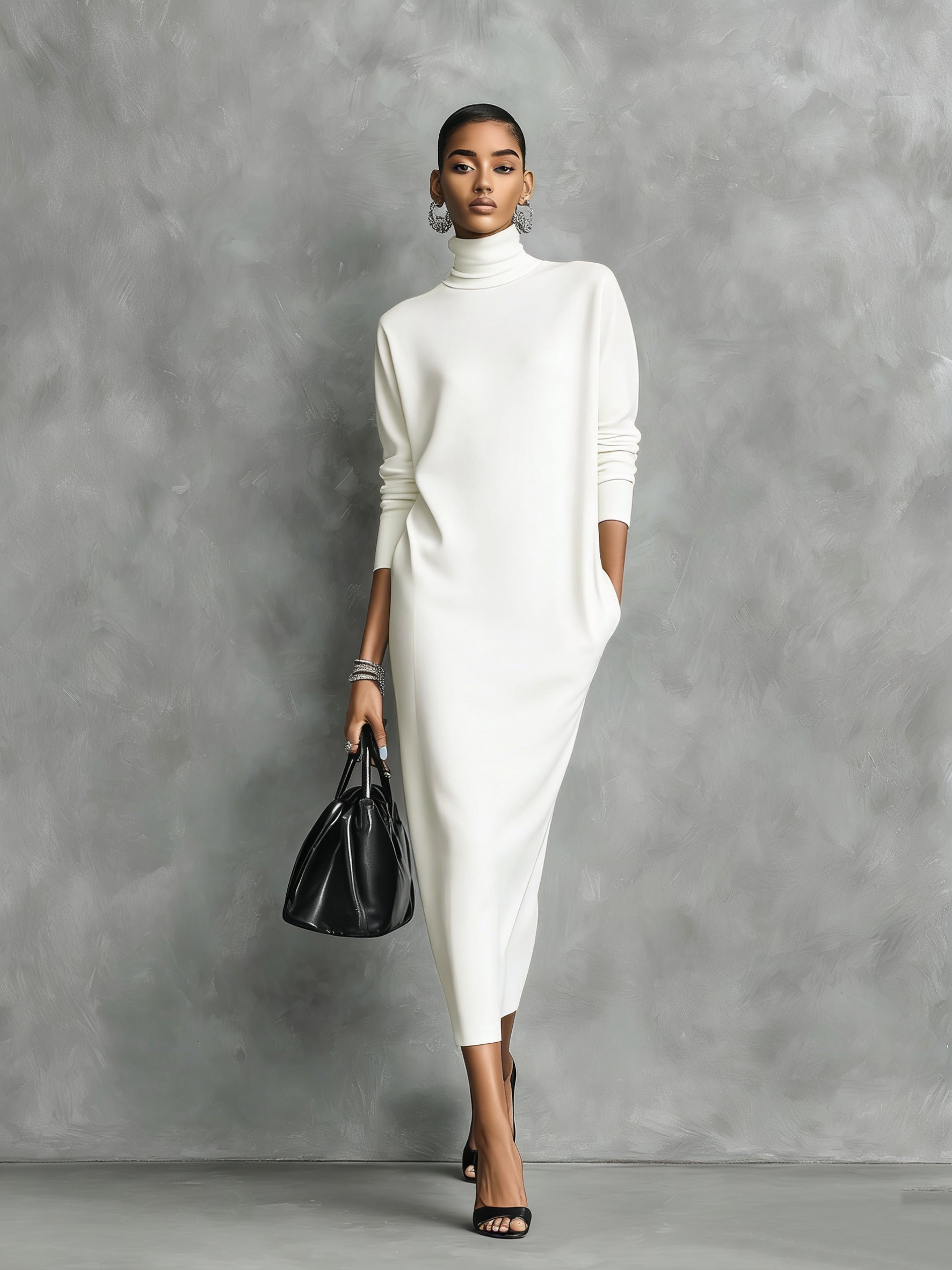Vestido Midi De Punto Con Cuello Alto Y Manga Larga