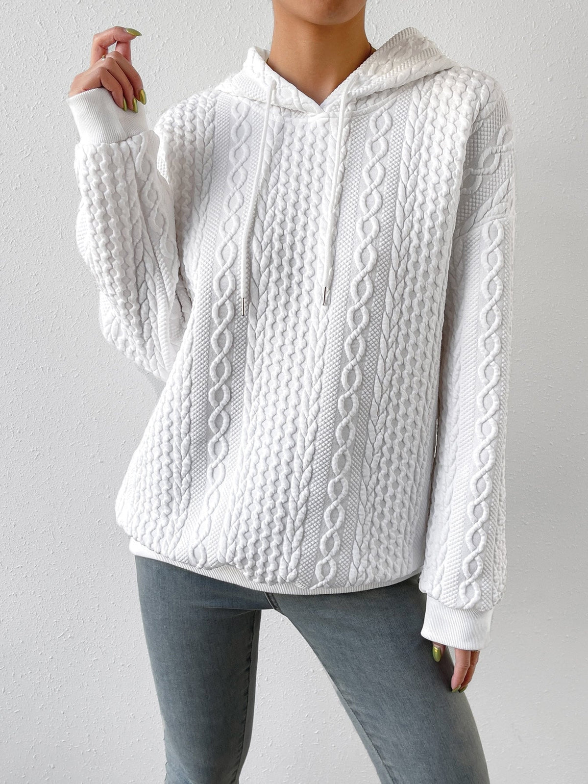 Sudadera de Punto Trenzado Cómoda para Mujer con Capucha de Cordón, Manga Larga y Estilo Oversize Relajado