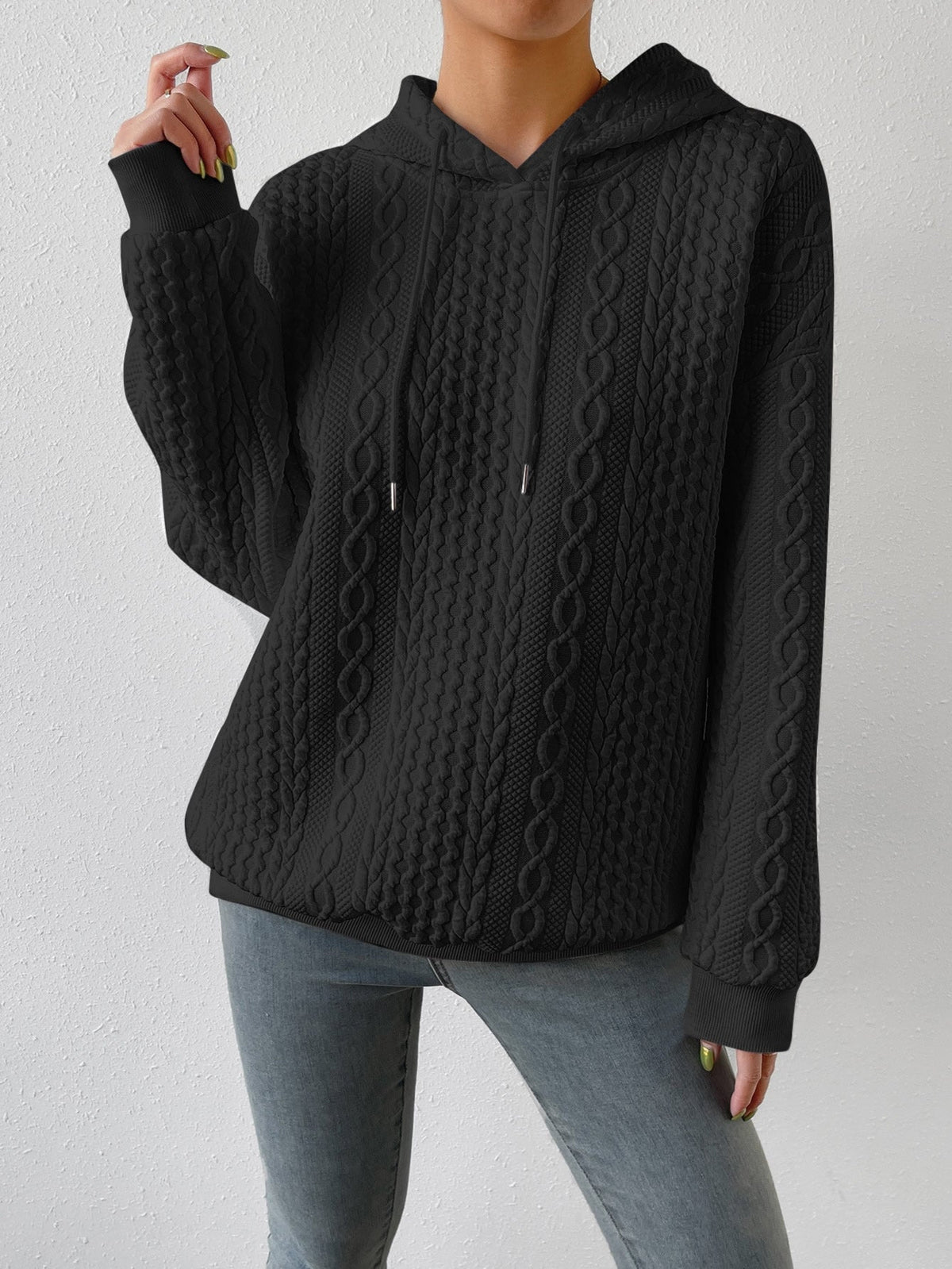 Sudadera de Punto Trenzado Cómoda para Mujer con Capucha de Cordón, Manga Larga y Estilo Oversize Relajado