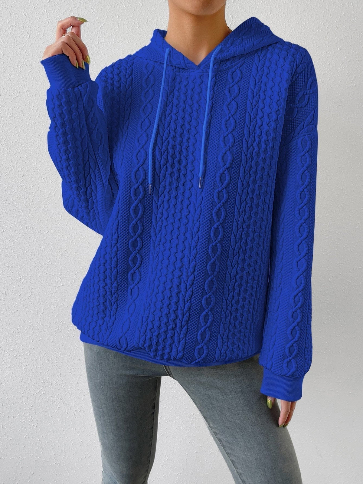 Sudadera de Punto Trenzado Cómoda para Mujer con Capucha de Cordón, Manga Larga y Estilo Oversize Relajado