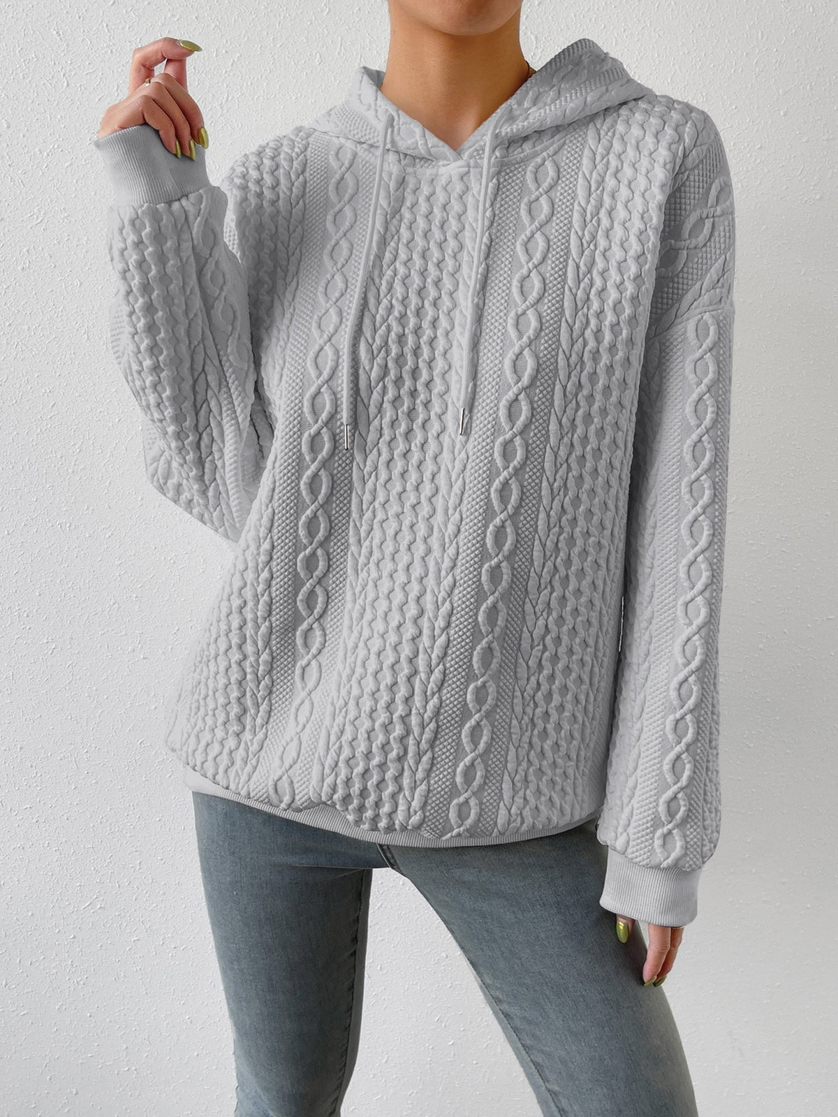 Sudadera de Punto Trenzado Cómoda para Mujer con Capucha de Cordón, Manga Larga y Estilo Oversize Relajado