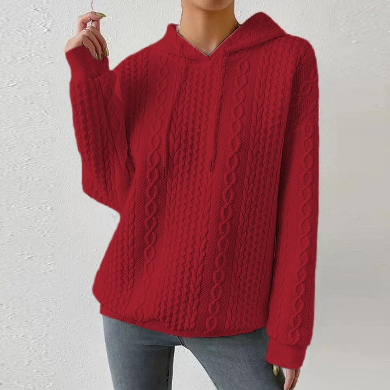 Sudadera de Punto Trenzado Cómoda para Mujer con Capucha de Cordón, Manga Larga y Estilo Oversize Relajado