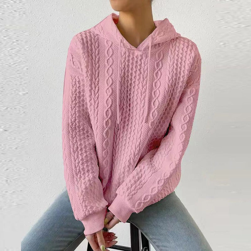 Sudadera de Punto Trenzado Cómoda para Mujer con Capucha de Cordón, Manga Larga y Estilo Oversize Relajado