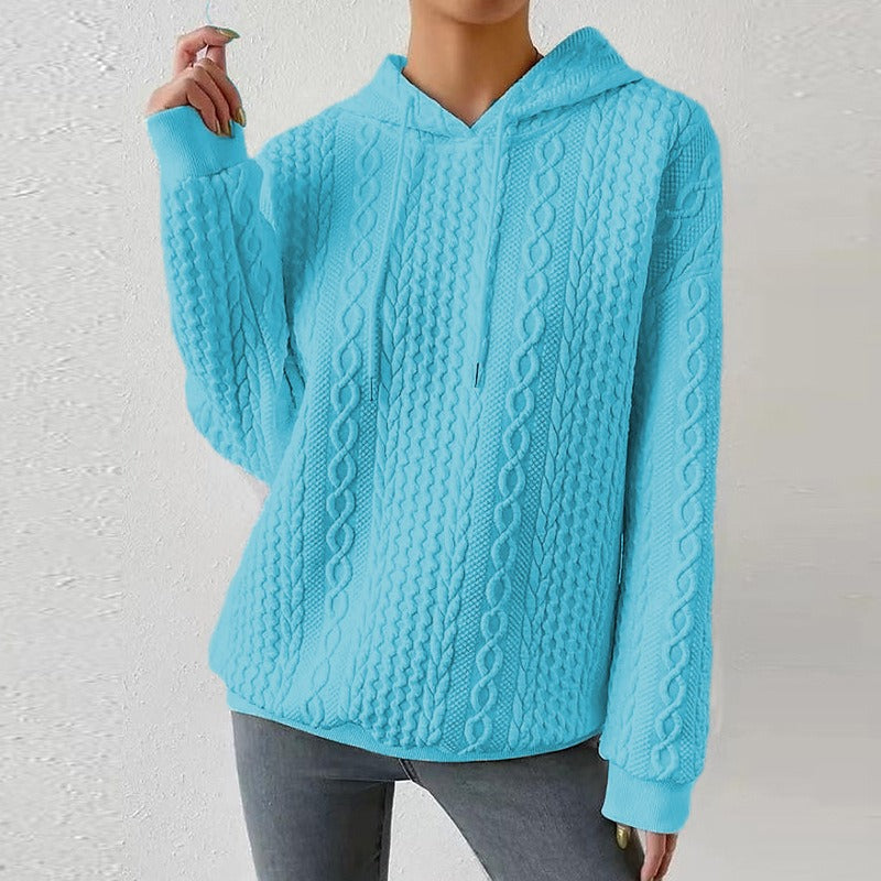Sudadera de Punto Trenzado Cómoda para Mujer con Capucha de Cordón, Manga Larga y Estilo Oversize Relajado