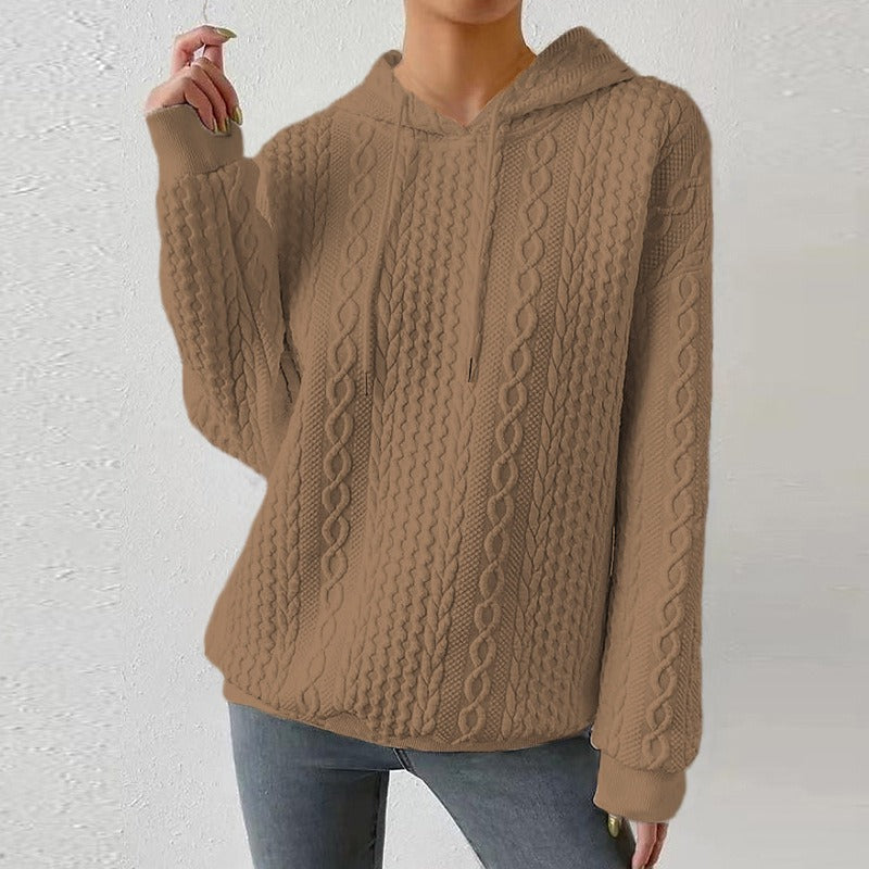 Sudadera de Punto Trenzado Cómoda para Mujer con Capucha de Cordón, Manga Larga y Estilo Oversize Relajado