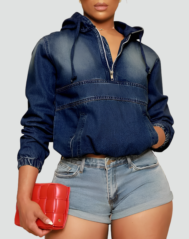 Sudadera Vaquera sin Esfuerzo para Mujer con Media Cremallera, Capucha, Manga Larga, Corte Cropped y Estilo Informal