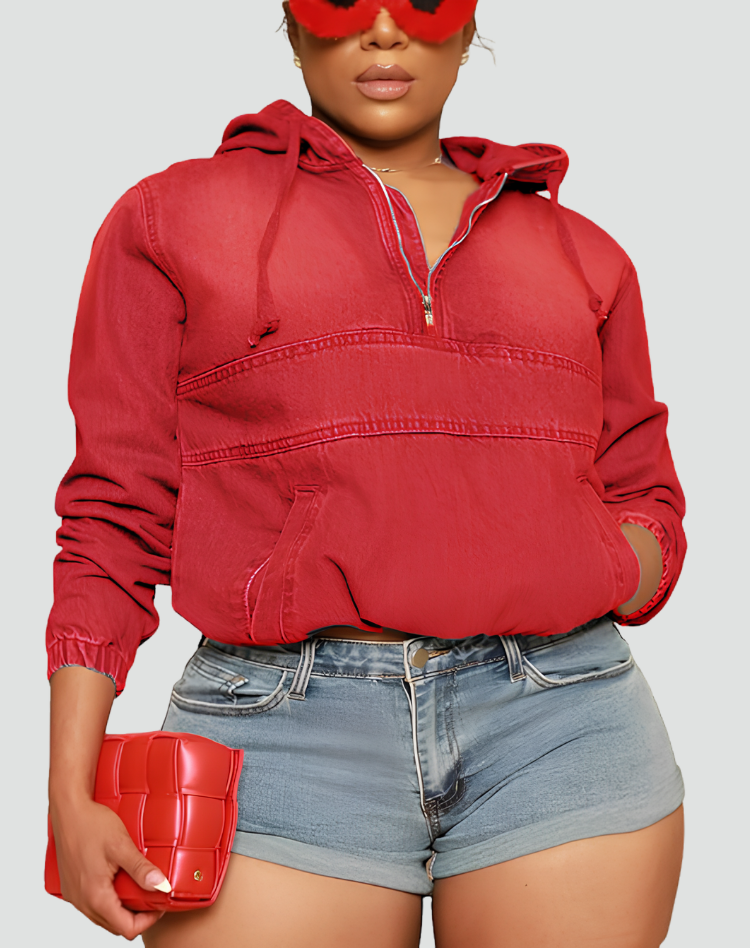 Sudadera Vaquera sin Esfuerzo para Mujer con Media Cremallera, Capucha, Manga Larga, Corte Cropped y Estilo Informal