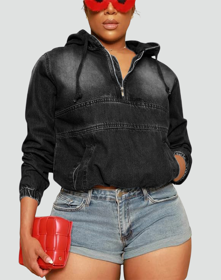 Sudadera Vaquera sin Esfuerzo para Mujer con Media Cremallera, Capucha, Manga Larga, Corte Cropped y Estilo Informal