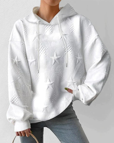 Sudadera Blanca con Textura de Estrellas en Relieve Cómoda para Mujer con Capucha de Cordón, Manga Larga y Estilo Oversize Relajado