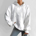 Sudadera Blanca con Textura de Estrellas en Relieve Cómoda para Mujer con Capucha de Cordón, Manga Larga y Estilo Oversize Relajado