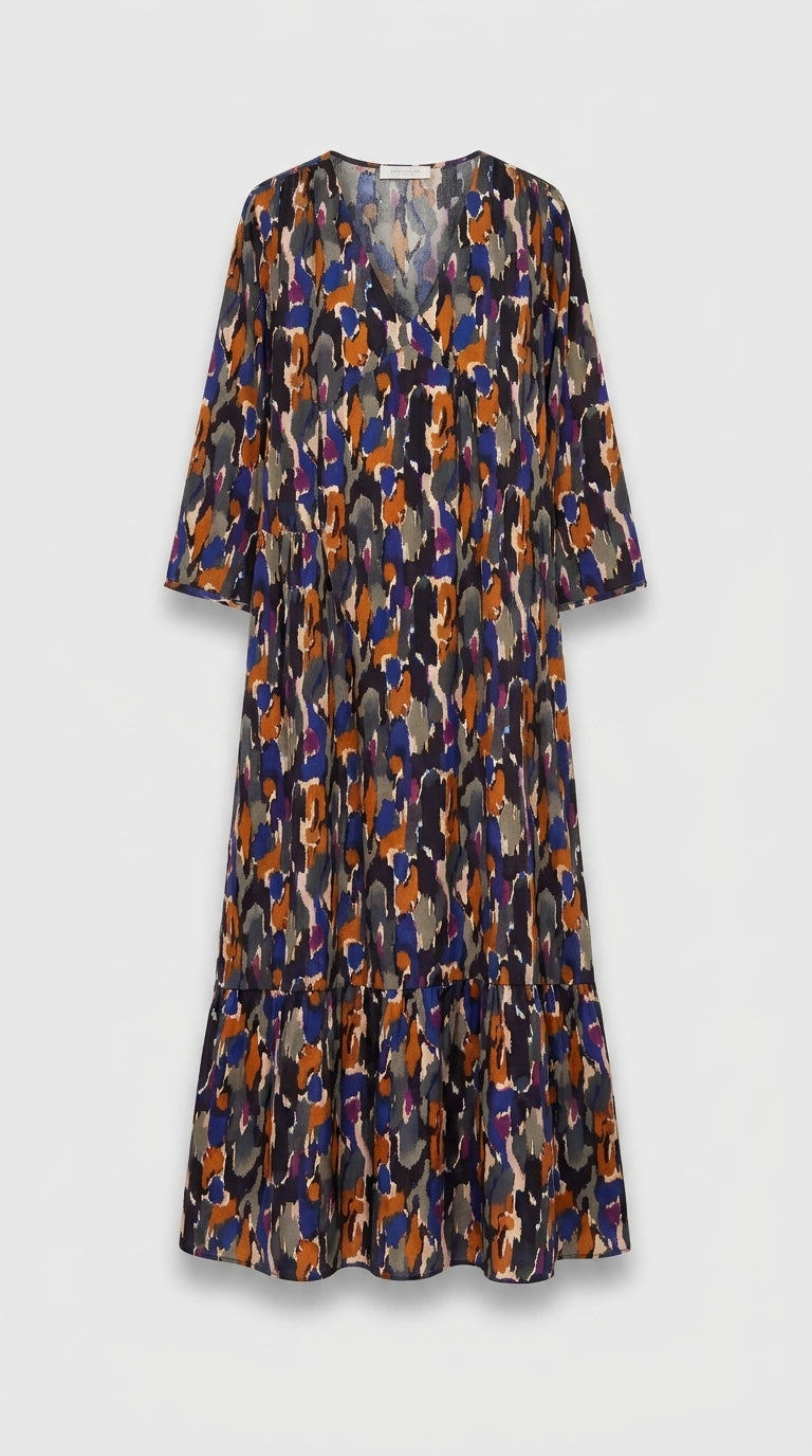 Vestido Con Cuello En V Estampado Retro Fluido