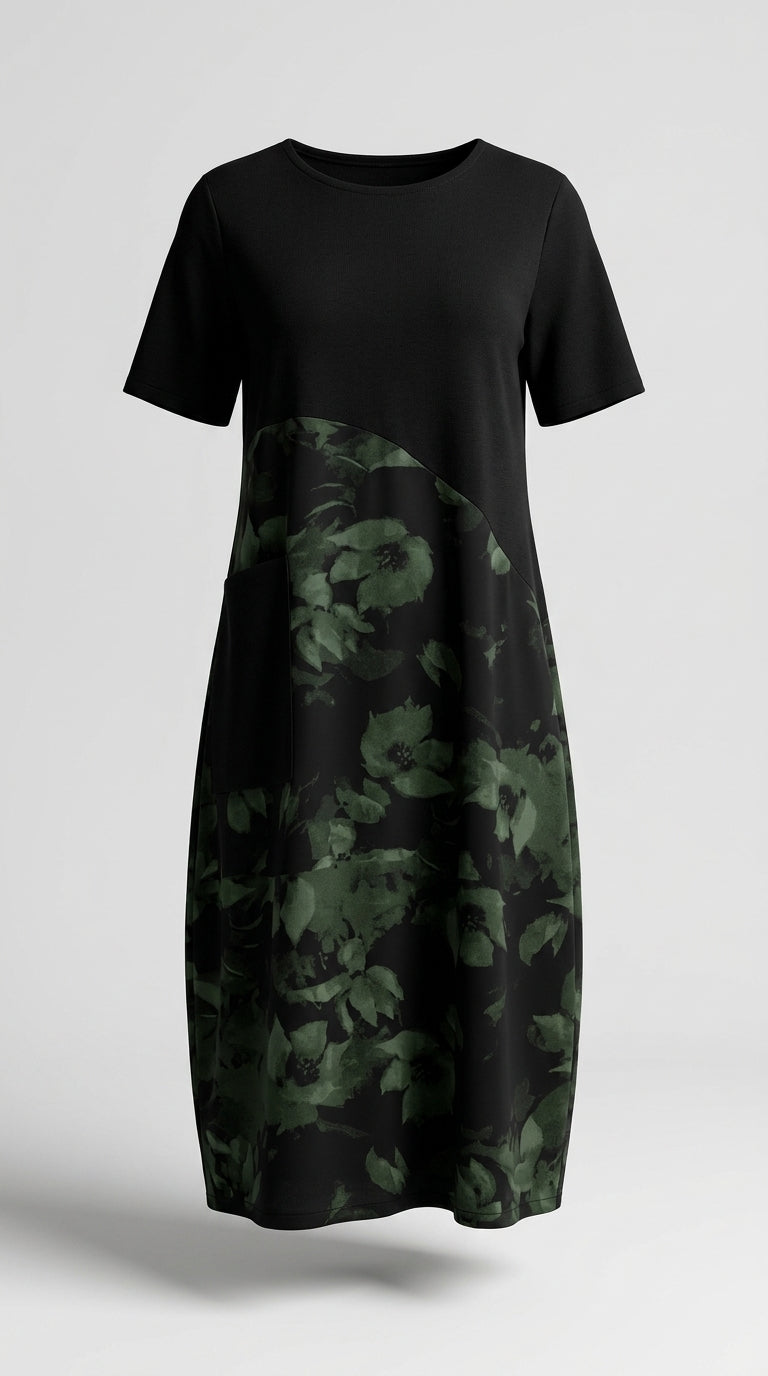 Vestido Patchwork con Flores y Cuello Redondo