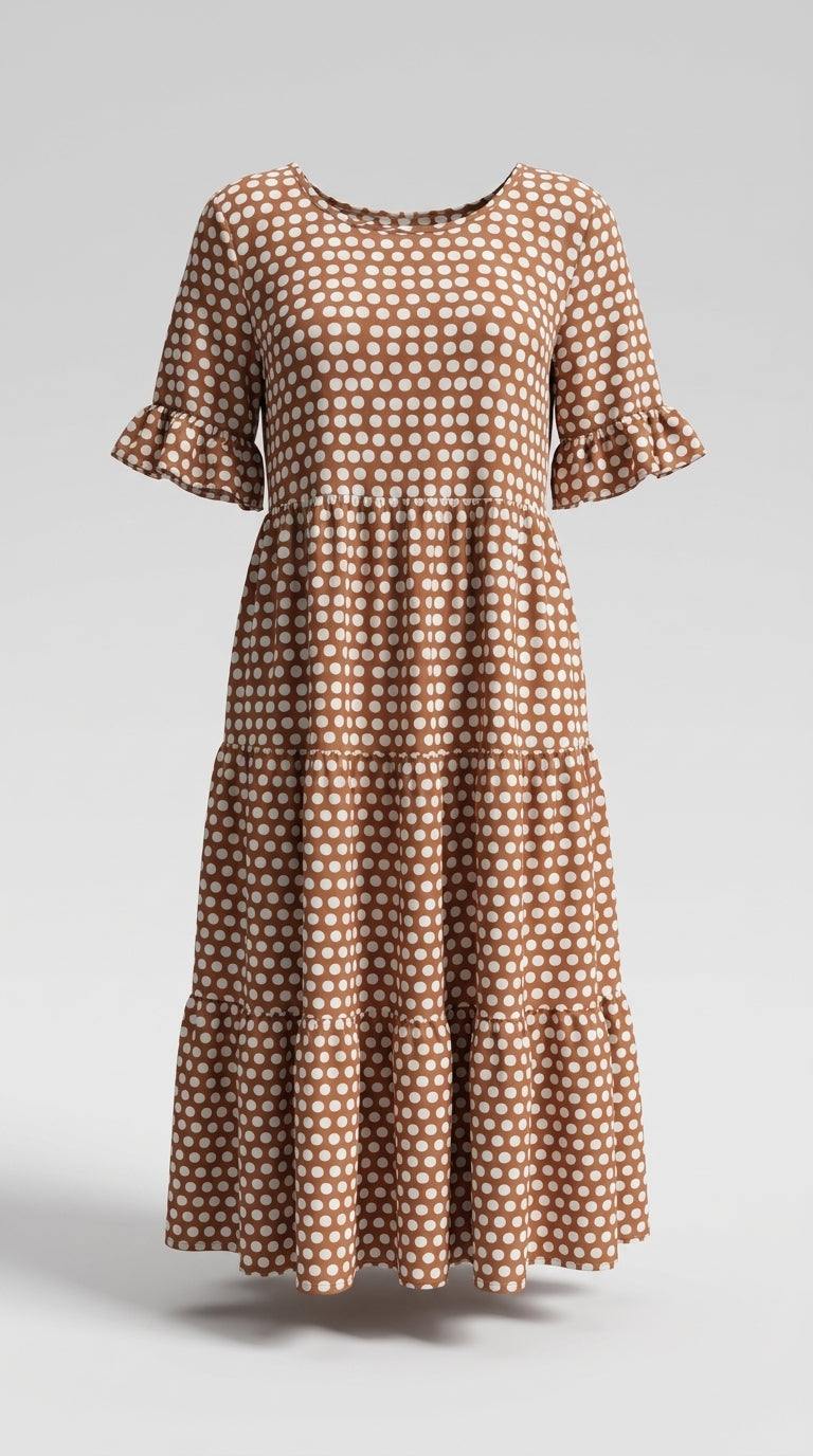 Vestido Midi de Lunares con Cuello Redondo Fluido