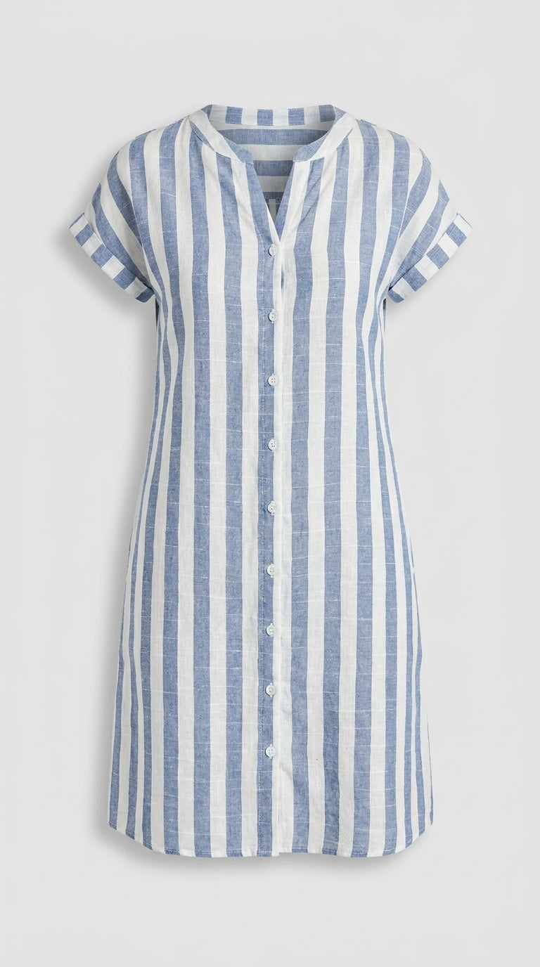 Vestido Camisero A Rayas De Algodón Lino Elegante