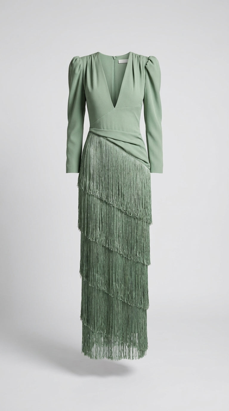 Vestido Midi Elegante con Flecos en las Mangas