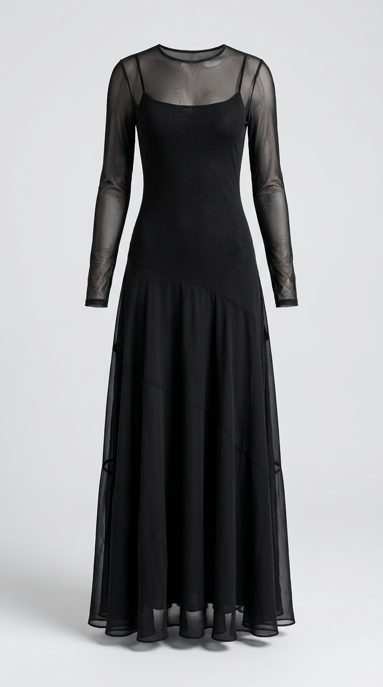 Vestido Maxi De Tul Negro Vintage Con Manga Transparente