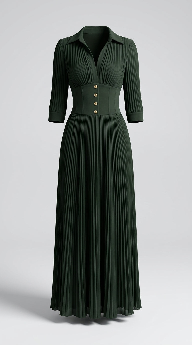 Vestido Maxi Elegante Con Cuello Solapa Y Falda Plisada