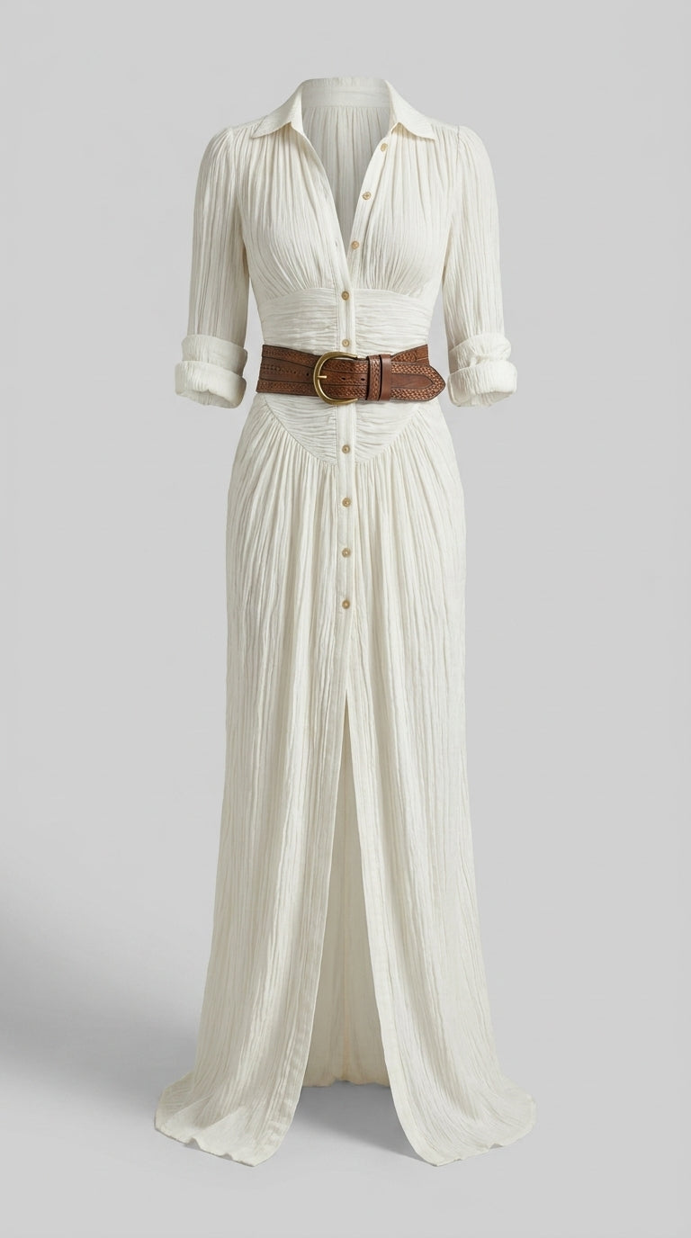 Vestido Maxi Algodón Lino Mujer con Falda Plisada