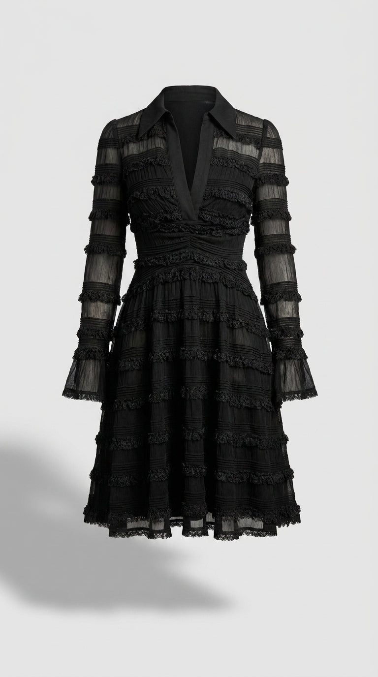 Vestido Midi Negro con Flecos y Capas Semitransparentes