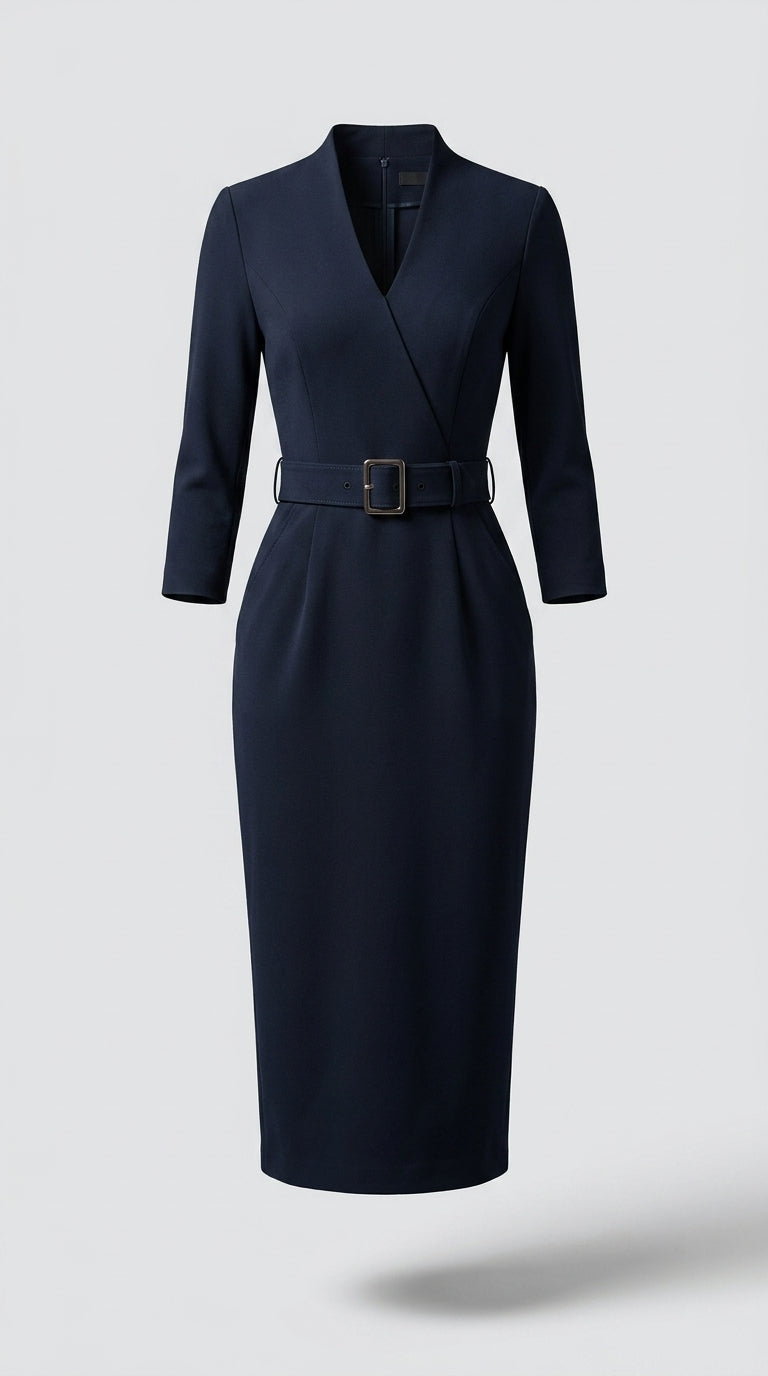 Vestido Negro Elegante con Cinturón y Corte Fluido