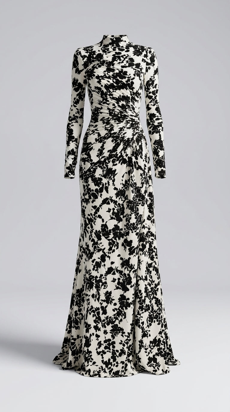 Vestido Maxi Floral Elegante Cuello Alto Manga Larga