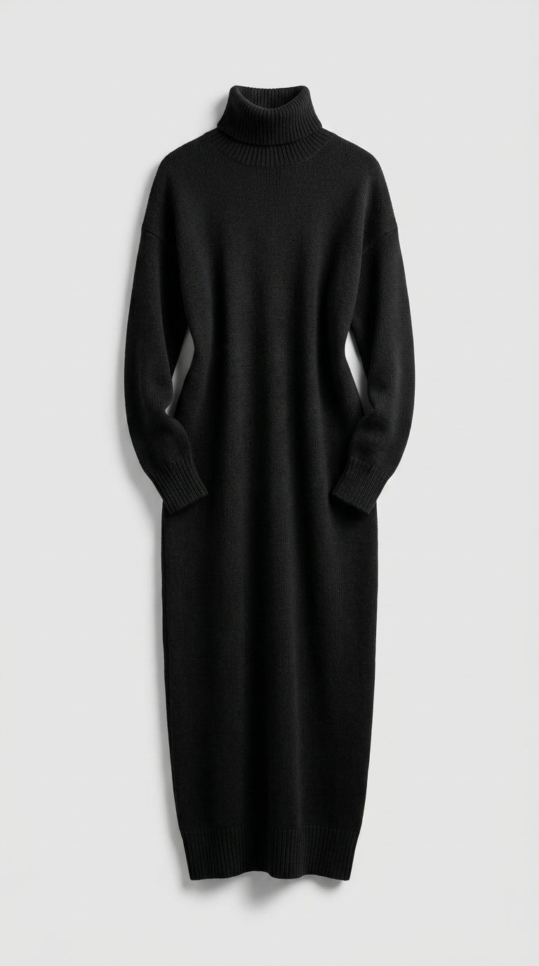 Vestido Midi De Punto Con Cuello Alto Y Manga Larga