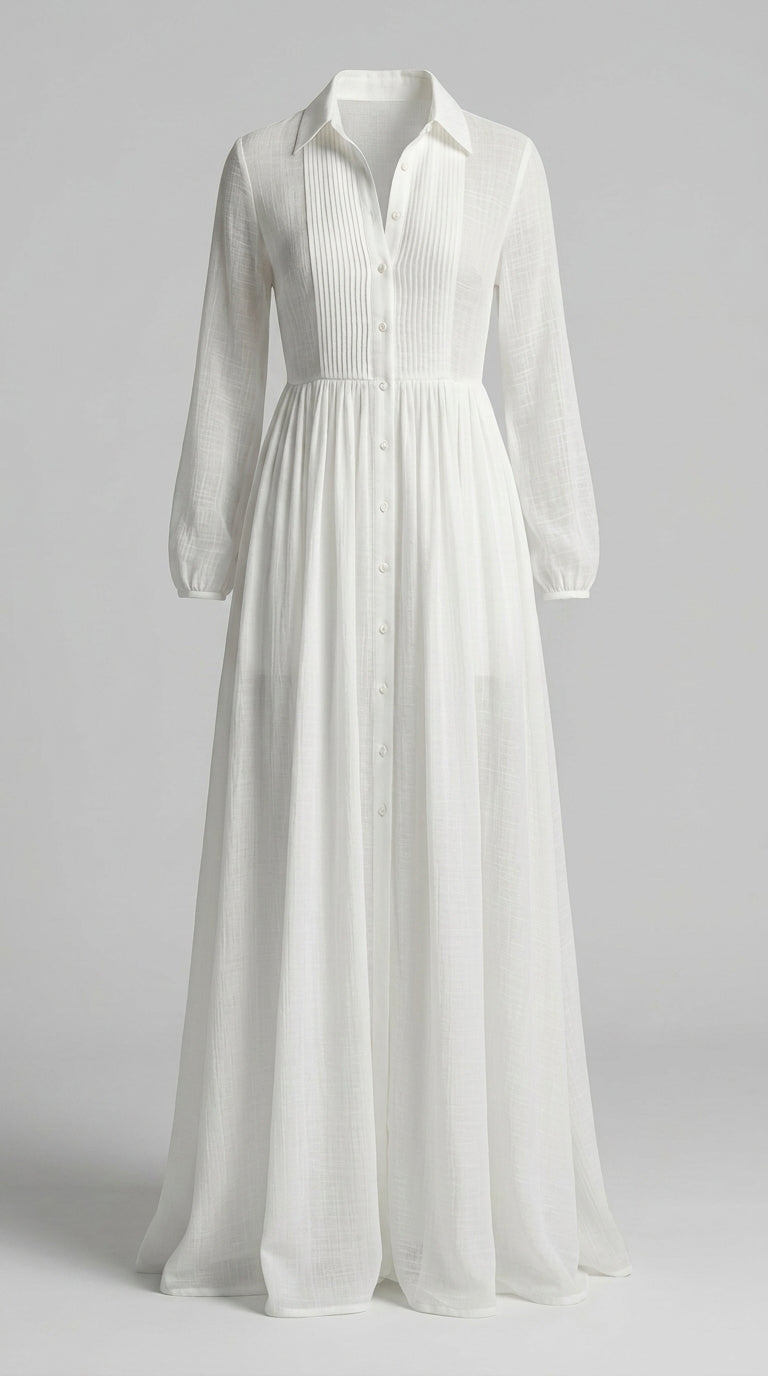 Vestido Maxi De Algodón Y Lino Con Cuello Alzado