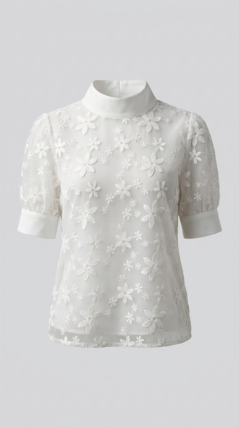 Blusa Casual de Encaje con Cuello Mao Oculto