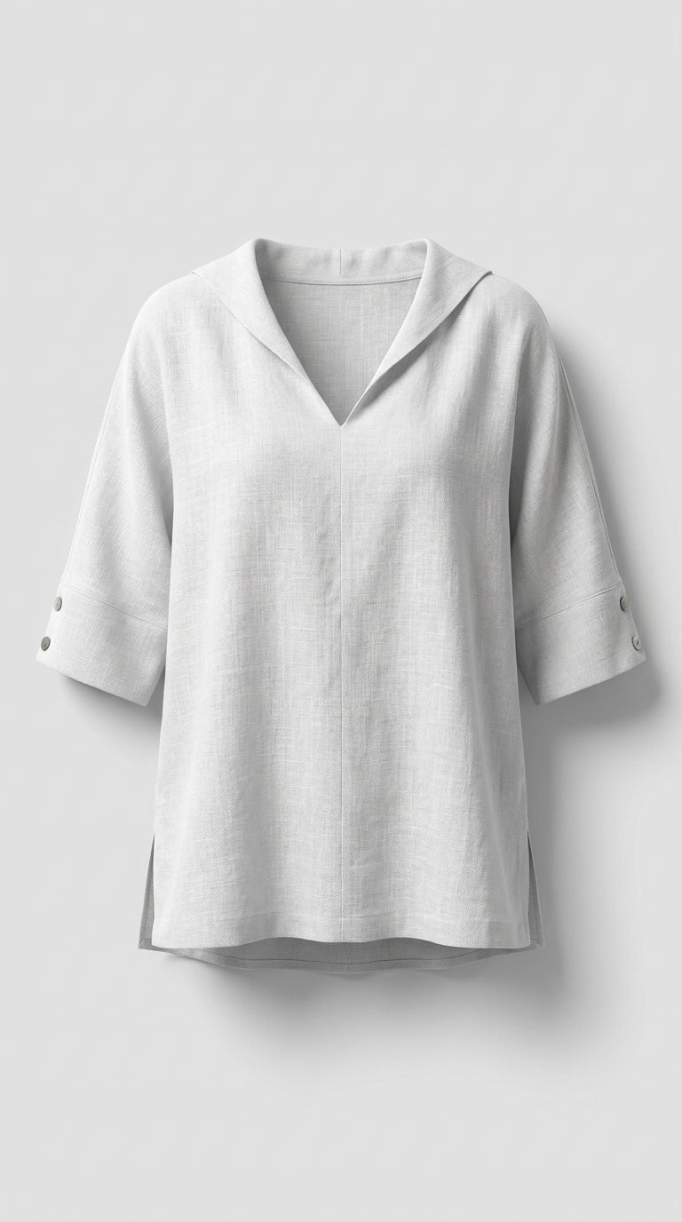 Blusa De Lino Clásica Con Cuello En V Para Mujer