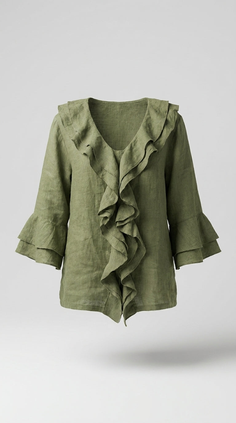 Blusa De Lino Y Algodón Con Volantes Elegante
