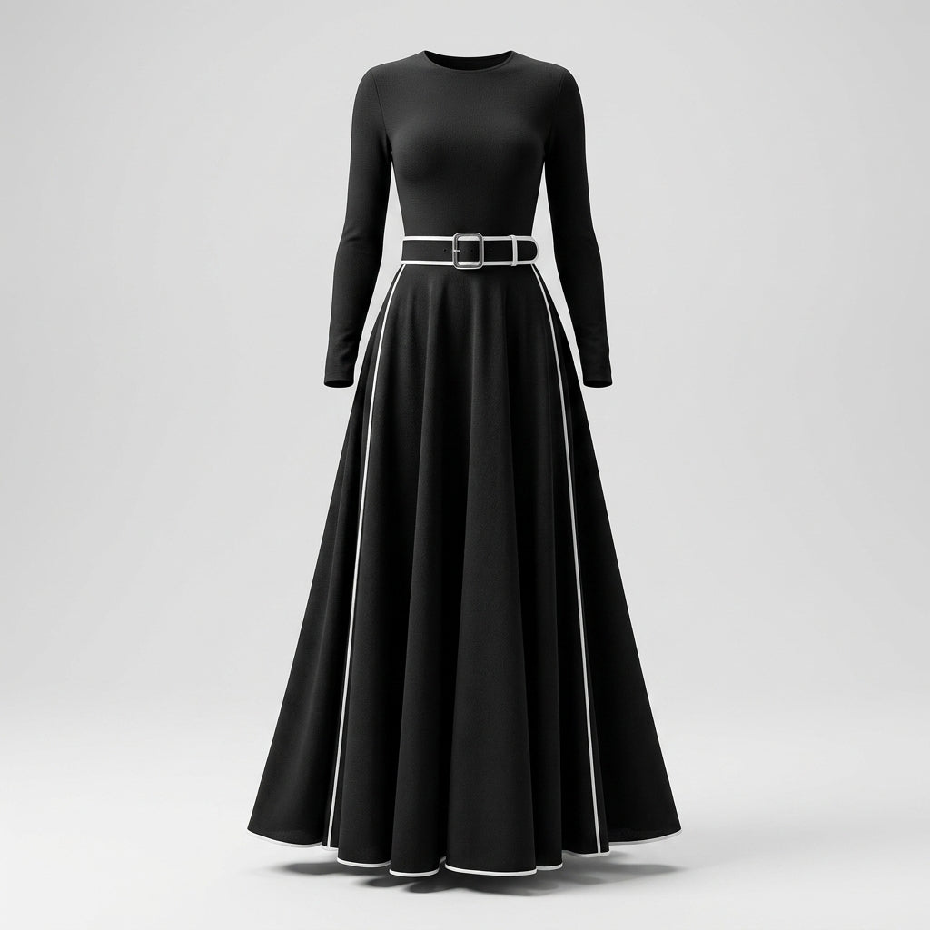 Vestido Maxi Negro Entallado con Cuello Alto Elegante
