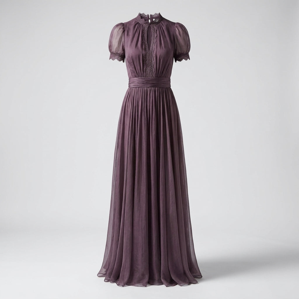 Vestido Largo De Chiffon Con Encaje Y Escote Lágrima