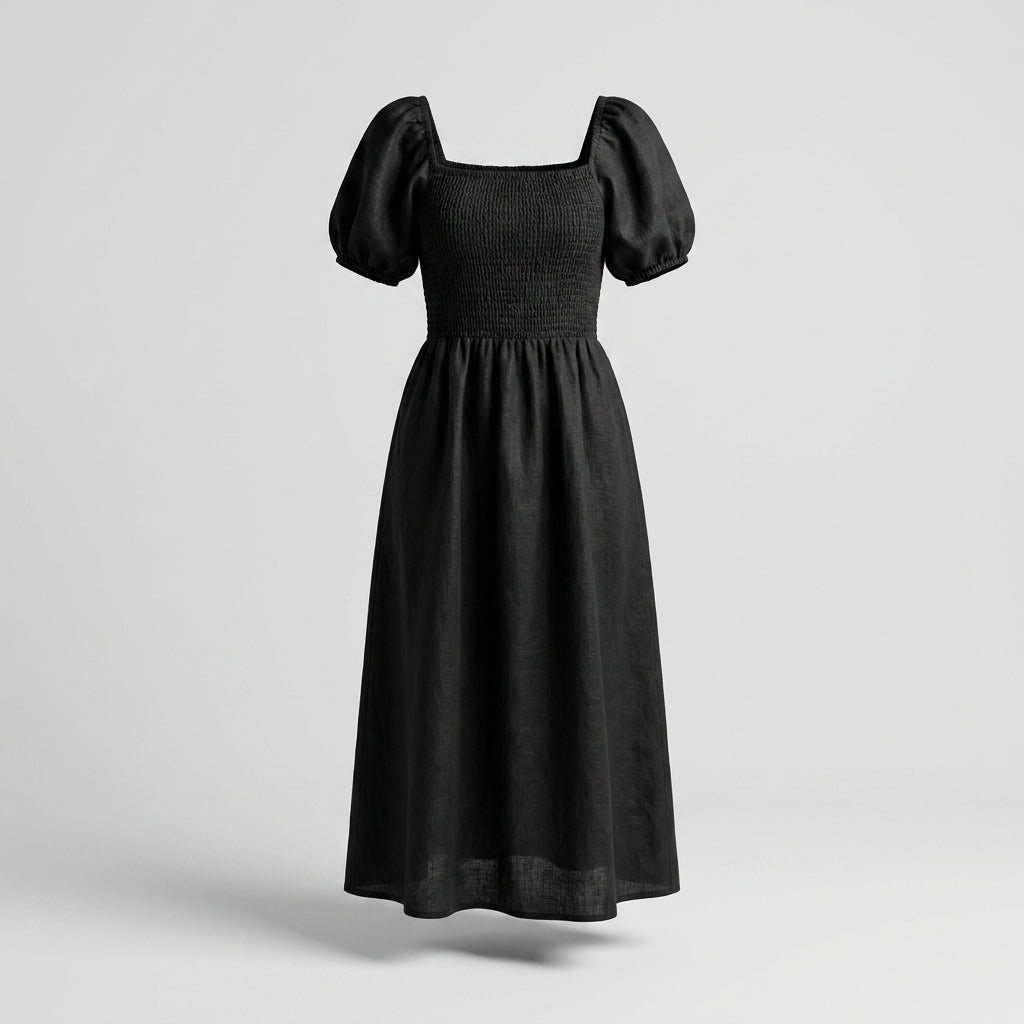 Vestido Midi De Lino Con Nido De Abeja Y Mangas Abullonadas