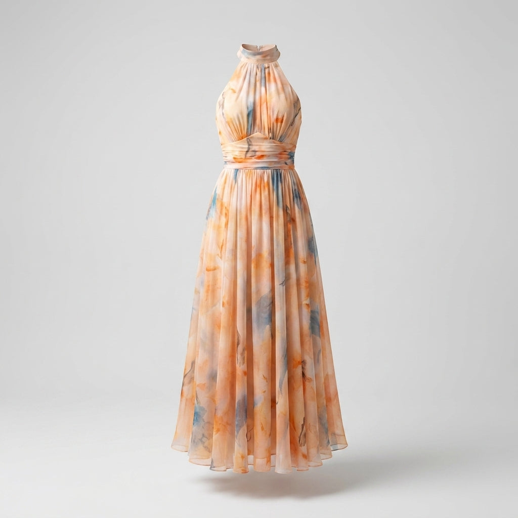 Vestido Midi Halter Estampado Acuarela Fluido