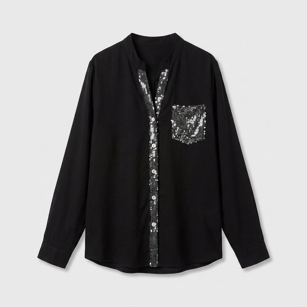 Blusa Negra con Detalles Brillantes de Corte Fluido