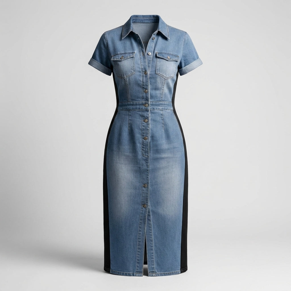 Vestido Vaquero Midi con Rayas Laterales Slim