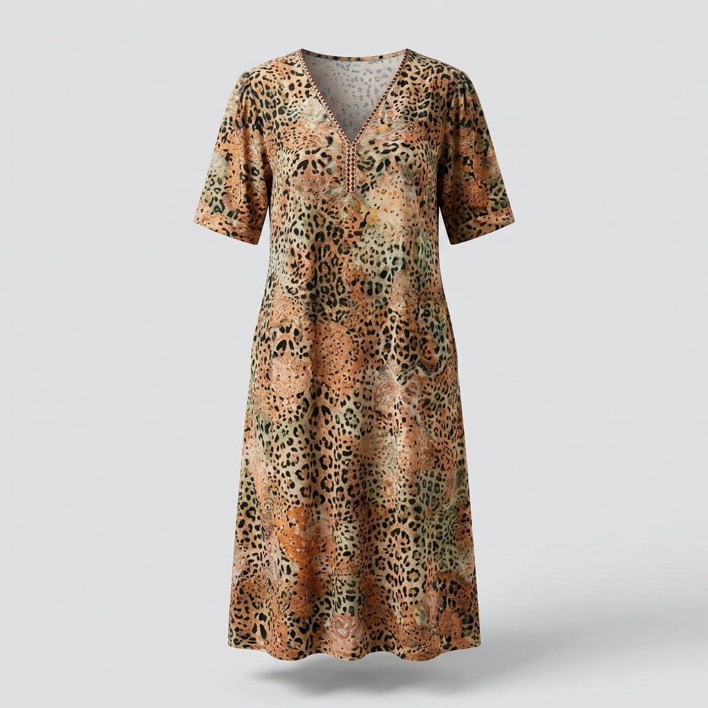 Vestido Midi Animal Print con Bolsillos y Mangas Cortas