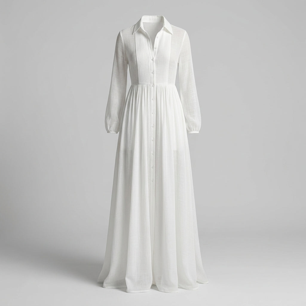 Vestido Maxi De Algodón Y Lino Con Cuello Alzado