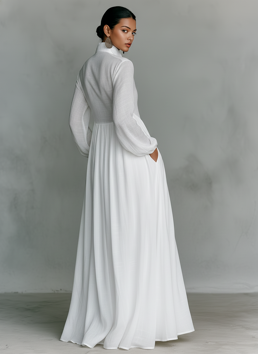 Vestido Maxi De Algodón Y Lino Con Cuello Alzado
