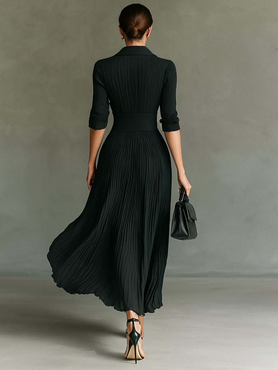 Vestido Maxi Elegante Con Cuello Solapa Y Falda Plisada