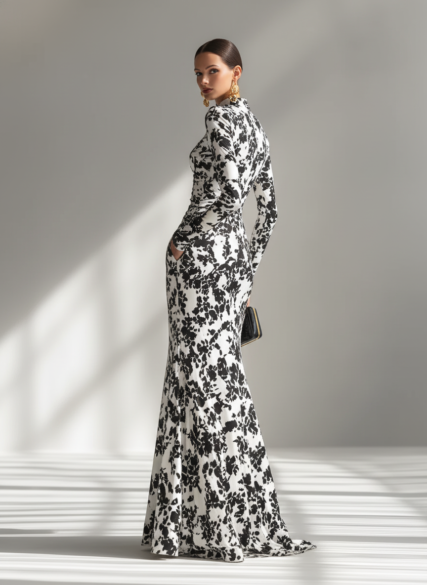 Vestido Maxi Floral Elegante Cuello Alto Manga Larga