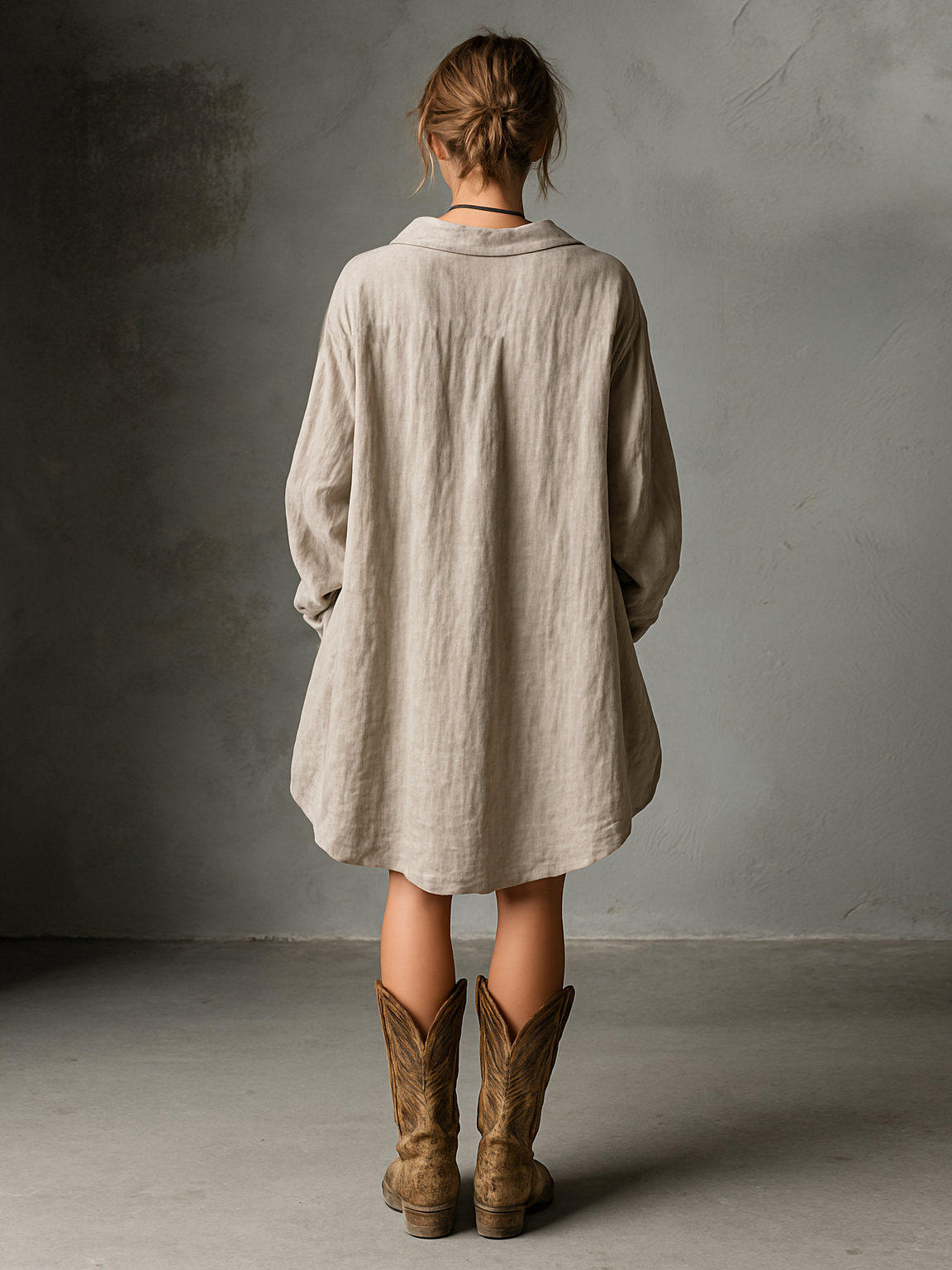 Vestido Mini a la Moda Holgado de Algodón y Lino con Solapa de Botones para Mujer