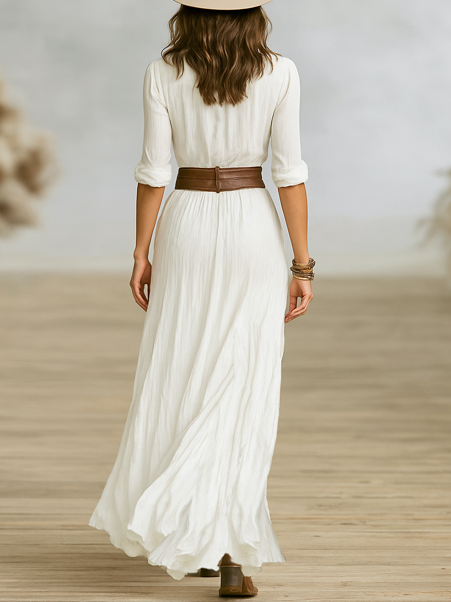 Vestido Maxi Algodón Lino Mujer con Falda Plisada