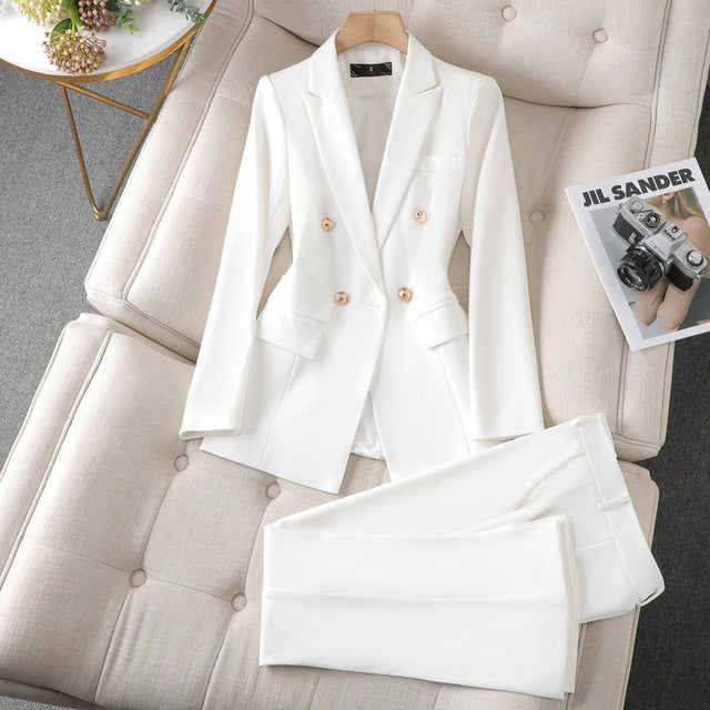 Conjunto elegante de blazer de sastrería para mujer con cuello de solapa, manga larga, pantalón de pierna ancha y diseño de dos piezas