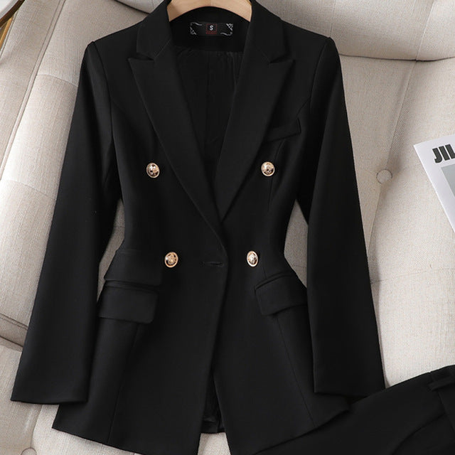 Conjunto elegante de blazer de sastrería para mujer con cuello de solapa, manga larga, pantalón de pierna ancha y diseño de dos piezas