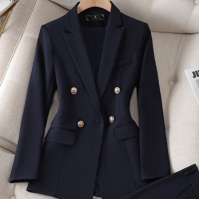 Conjunto elegante de blazer de sastrería para mujer con cuello de solapa, manga larga, pantalón de pierna ancha y diseño de dos piezas