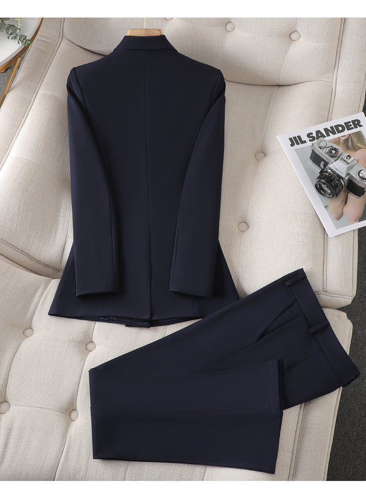 Conjunto elegante de blazer de sastrería para mujer con cuello de solapa, manga larga, pantalón de pierna ancha y diseño de dos piezas