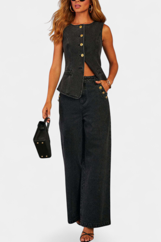 Conjunto denim Ludovica con chaleco ajustado y vaqueros de pierna ancha