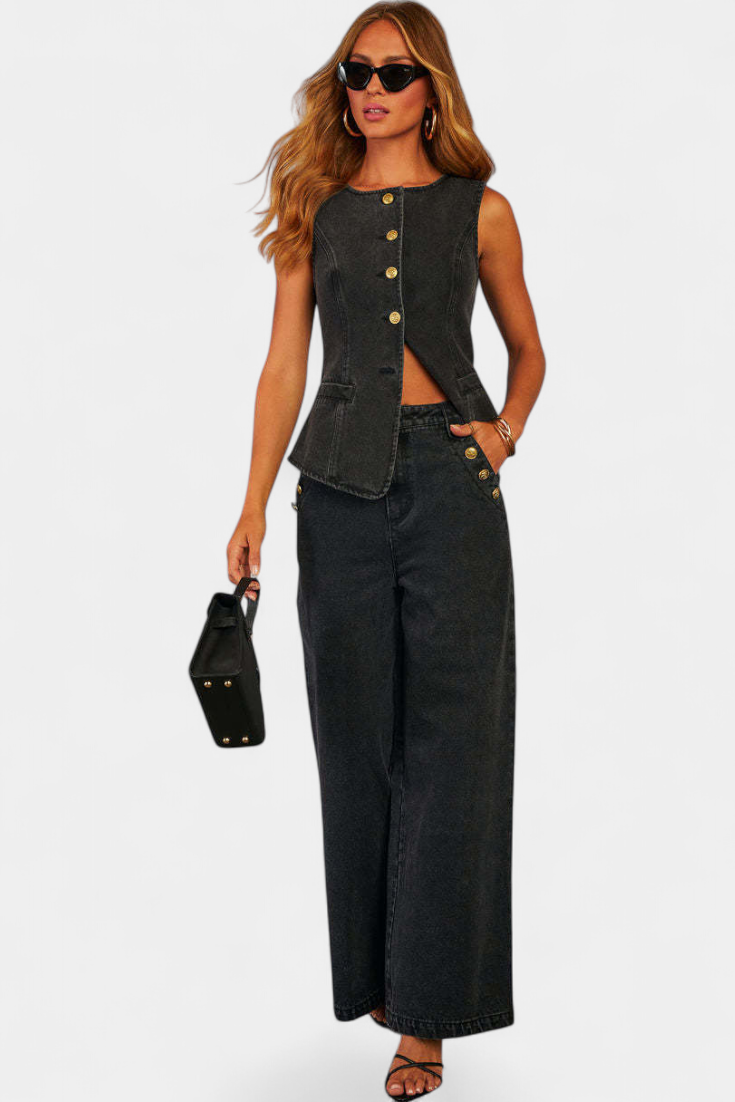 Conjunto denim Ludovica con chaleco ajustado y vaqueros de pierna ancha